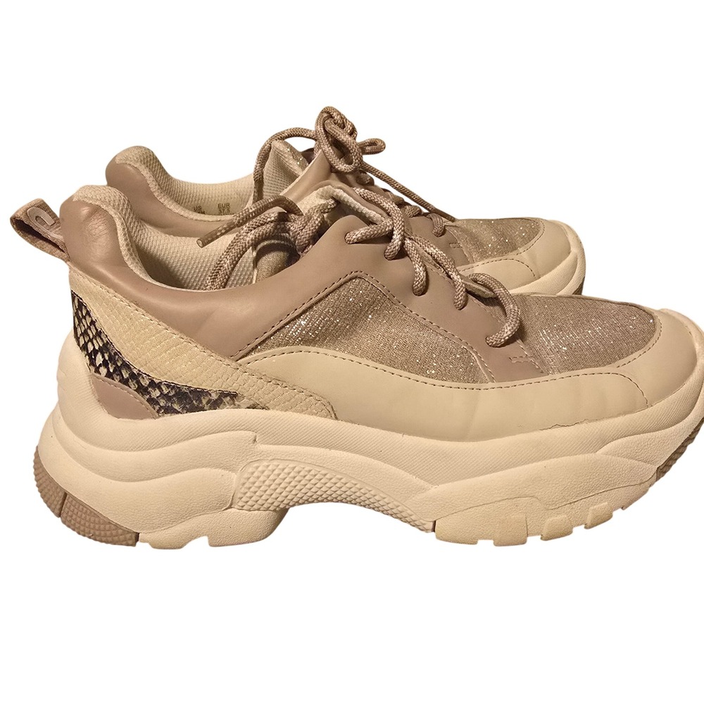 Circus by Sam Edelman Tammy Sneaker Women 7.5 Beige Glitter Snake Faux Leather